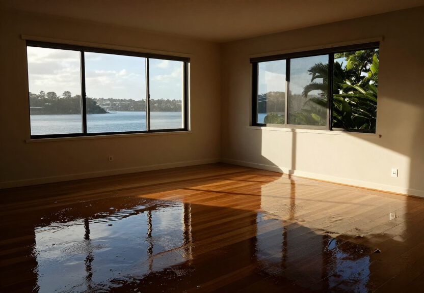 Flooded living room in Narrabeen before restoration